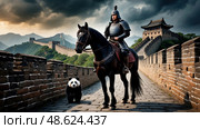 A man rides a horse next to a panda bear. Стоковое AI-изображение, AI-художник Ярославский Максим / Фотобанк Лори