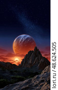 A large red planet is floating in the sky above a rocky mountain. Стоковое AI-изображение, AI-художник Ярославский Максим / Фотобанк Лори