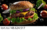 A burger with lettuce, tomato, and onions on top. Стоковое AI-изображение, AI-художник Ярославский Максим / Фотобанк Лори
