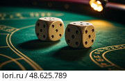 Exciting moment at a casino table with dice ready to roll during an evening gaming session. Стоковое AI-изображение, AI-художник Сергей Толмачёв / Фотобанк Лори