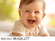A young child is giggling and gazing towards the camera. Стоковое AI-изображение, AI-художник Лариса Пономарева / Фотобанк Лори
