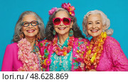 Joyful senior women in vibrant attire celebrate friendship and positivity with floral adornments. Стоковое AI-видео, аниматор Данила Большаков / Фотобанк Лори