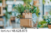 Shopping cart filled with greenery & groceries, promoting eco-friendly, sustainable living & fresh produce. Стоковое AI-видео, аниматор Данила Большаков / Фотобанк Лори