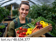 A woman is holding a basket of vegetables in a greenhouse. Стоковое AI-изображение, AI-художник Ярославский Максим / Фотобанк Лори