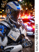 A robot police officer stands in front of a car. Стоковое AI-изображение, AI-художник Ярославский Максим / Фотобанк Лори