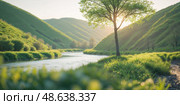 Sunlight dapples a tranquil river surrounded by lush green hills in springtime. Стоковое AI-изображение, AI-художник Сергей Толмачёв / Фотобанк Лори