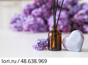 The aroma diffuser. Spring aromatic lilac perfumes for the home in a glass bottle with sticks as an air freshener in the house and soap. Aromatherapy, cozy atmosphere, comfort and relaxation. Стоковое фото, фотограф Photojuli / Фотобанк Лори