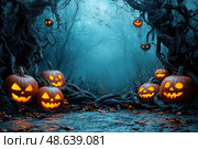 Glowing jack-o'-lanterns are arranged ominously in a dark, misty forest, with twisted trees and hovering lights creating a haunting Halloween atmosphere. Стоковое AI-изображение, AI-художник Данила Большаков / Фотобанк Лори