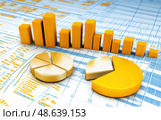 Abstract financial data display with blue and orange lines and graphs. Futuristic analytics dashboard with vibrant screen monitor. Data visualizations, advanced technology. Technical growth, progress. Стоковое AI-изображение, AI-художник Марина Демидюк / Фотобанк Лори