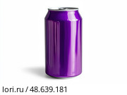 One purple aluminum can of soda isolate on white background. Front view. Recycle metal can mock-up, template. Beer, carbonated water, cola, energy drinks can isolated with shadow. Recycling. Closeup. Стоковое AI-изображение, AI-художник Марина Демидюк / Фотобанк Лори