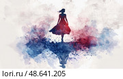 A woman in a red dress walks gracefully through a colorful watercolor landscape, her silhouette mirrored in a tranquil reflection below. Стоковое AI-изображение, AI-художник Данила Большаков / Фотобанк Лори