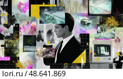 Dynamic collage featuring a man in a suit surrounded by vibrant digital visuals and multimedia elements. Стоковое AI-изображение, AI-художник Сергей Толмачёв / Фотобанк Лори