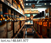 Крепкий алкоголь на полках винного магазина, кафе, бара, ресторана/ Whiskey bottles on the shelves in a liquor store, food and drink background. Стоковое AI-изображение, AI-художник Iva Noel / Фотобанк Лори