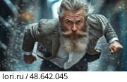 An older man with a striking beard sprints through a wet city street, showcasing determination amidst a backdrop of blurred urban elements. Стоковое AI-изображение, AI-художник Данила Большаков / Фотобанк Лори