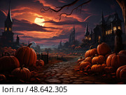 Pumpkins line a winding path in a dark landscape featuring haunted houses and a dramatic full moon hanging in the sky. Стоковое AI-изображение, AI-художник Данила Большаков / Фотобанк Лори