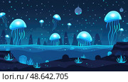 A tranquil underwater environment features glowing jellyfish drifting among dark rocky formations and vibrant bioluminescent flora at night. Стоковое AI-изображение, AI-художник Данила Большаков / Фотобанк Лори