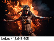 A warrior performs an intense dance surrounded by vibrant flames, emphasizing strength and cultural vibrancy with intricate traditional attire. Стоковое AI-изображение, AI-художник Данила Большаков / Фотобанк Лори