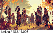 A group of Indigenous dancers in traditional attire engage in a ceremonial gathering surrounded by colorful autumn leaves and drumming. Стоковое AI-изображение, AI-художник Данила Большаков / Фотобанк Лори