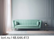 A stylish mint green sofa adorned with soft cushions is beautifully positioned in a bright, spacious living area with light gray walls and natural light. Стоковое AI-изображение, AI-художник Данила Большаков / Фотобанк Лори