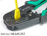 Желтый LAN кабель и инструмент обжимки кабелей на белом фоне. LAN cable and cable crimping tool on white background. Стоковое фото, фотограф Татьяна Д / Фотобанк Лори