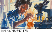 A focused scientist carefully mixes a colorful solution in a flask while observing findings through a microscope in a well-lit lab. Стоковое AI-изображение, AI-художник Данила Большаков / Фотобанк Лори
