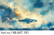 A spacecraft hovers in a mesmerizing sky filled with vivid clouds and starlight, suggesting an otherworldly presence at dawn. Стоковое AI-изображение, AI-художник Данила Большаков / Фотобанк Лори