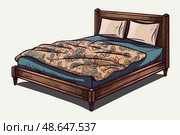 A charming wooden bed adorned with a colorful floral comforter and two plush pillows, creating an inviting atmosphere for a restful sleep. Стоковое AI-изображение, AI-художник Данила Большаков / Фотобанк Лори