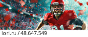 A football player in a red jersey celebrates passionately after scoring a touchdown during an electrifying championship game under stadium lights. Стоковое AI-изображение, AI-художник Данила Большаков / Фотобанк Лори