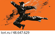 A martial artist executes an impressive kick in mid-air, demonstrating agility and technique, with a bright orange backdrop enhancing the dynamic action. Стоковое AI-изображение, AI-художник Данила Большаков / Фотобанк Лори