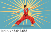 A martial artist in striking red clothing executes a forceful punch, surrounded by a radiant sunburst backdrop, showcasing skill and energy in practice. Стоковое AI-изображение, AI-художник Данила Большаков / Фотобанк Лори