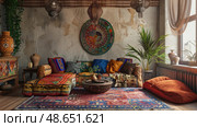 Sunlit boho lounge featuring rattan furniture, hanging plants and mixed patterns. Natural materials and warm neutrals achieve that perfect carefree bohemian vibe. Стоковое AI-изображение, AI-художник Светлана Леуто / Фотобанк Лори