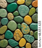 An exquisite display of unakite and epidosite stones showcases a variety of shapes and colors, captivating onlookers at a local artisan market, inviting creativity and inspiration Generative AI. Стоковое AI-изображение, AI-художник Юлия Петровская / Фотобанк Лори