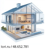 Modern glass-fronted house design merges elegance and comfort in a serene environment. Стоковое AI-изображение, AI-художник Михаил Коханчиков / Фотобанк Лори