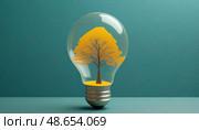 A tree growing inside a lightbulb symbolizing sustainable innovation, green technology, and the fusion of nature and human ingenuity in a modern world. Стоковое AI-изображение, AI-художник Ольга Сухарева / Фотобанк Лори