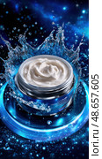 A jar of cream is surrounded by water droplets, creating a sense of movement. Стоковое AI-изображение, AI-художник Ярославский Максим / Фотобанк Лори