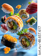 A bunch of sushi is flying through the air. Стоковое AI-изображение, AI-художник Ярославский Максим / Фотобанк Лори
