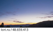Mountain lake time lapse in summer or autumn. Wild nature and beautiful sunset. Moving clouds, deep twilight and dramatic sky. Стоковое видео, видеограф Александр Маркин / Фотобанк Лори