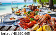Diners relish a colorful seafood spread with shrimp, crab, and lemon by the beach, enjoying drinks under a clear blue sky. Стоковое AI-изображение, AI-художник Данила Большаков / Фотобанк Лори