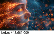 A Mystical Portrait Enhanced with Ethereal Light Accentuated by Sparkling Visual Effects for a Dreamlike Quality. Стоковое AI-изображение, AI-художник Anastasy Yarmolovich / Фотобанк Лори