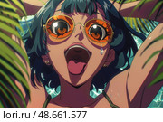 A young woman with vibrant hair enthusiastically dives into the pool, showcasing joy amidst tropical foliage and bright sunlight. Стоковое AI-изображение, AI-художник Данила Большаков / Фотобанк Лори
