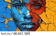 This artwork features a striking portrait of a person with a face divided into blue and orange sections, conveying deep emotion and artistic flair. Стоковое AI-изображение, AI-художник Данила Большаков / Фотобанк Лори