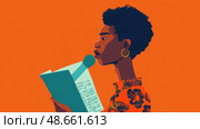A woman stands confidently, reciting poetry while holding her notes and engaging the audience with her powerful presence. Стоковое AI-изображение, AI-художник Данила Большаков / Фотобанк Лори