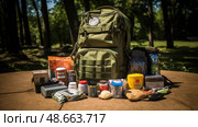 essentials bug out bag ai generated. Стоковое AI-изображение, AI-художник Vectorwin / Фотобанк Лори