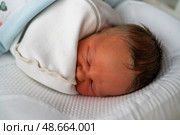 A tiny newborn baby wrapped snugly in a soft blanket, sleeping soundly with a peaceful expression at home in a serene atmosphere during the day. Стоковое фото, фотограф Данила Большаков / Фотобанк Лори