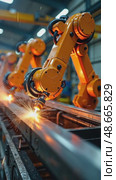 A close-up of robotic arms welding car frames in an automotive factory, sparks flying as orange light reflects off metallic surface. Стоковое AI-видео, аниматор Sergey Grishin / Фотобанк Лори