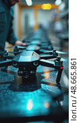 A close-up of a worker assembling a drone on a high-tech production line, with neon blue accents and sleek machinery in the background. Стоковое AI-видео, аниматор Sergey Grishin / Фотобанк Лори