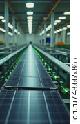 A clean energy factory, solar panels being assembled on a conveyor belt, with green lighting accents symbolizing sustainability. Стоковое AI-видео, аниматор Sergey Grishin / Фотобанк Лори