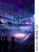 Spectators watching basketball game in futuristic cyberpunk city stadium. Стоковое AI-изображение, AI-художник Юрий Поздников / Фотобанк Лори