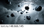 Asteroids falling from space through icy atmosphere creating light rays. Стоковое AI-изображение, AI-художник Юрий Поздников / Фотобанк Лори