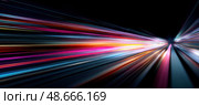 Colorful streaks of light converging at high speed in a dark tunnel. Стоковое AI-изображение, AI-художник Юрий Поздников / Фотобанк Лори